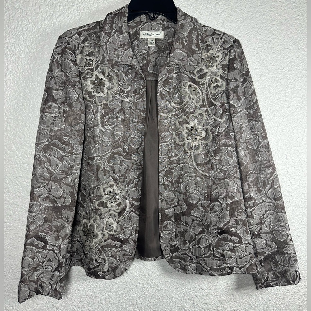 Coldwater Creek Petite Medium Floral Beaded Satin-Lined Open Front Blazer Jacket
